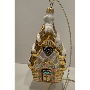 KURT ADLER Polonaise Lg Glass Hansel & Gretel Gingerbread House Ornament Gold